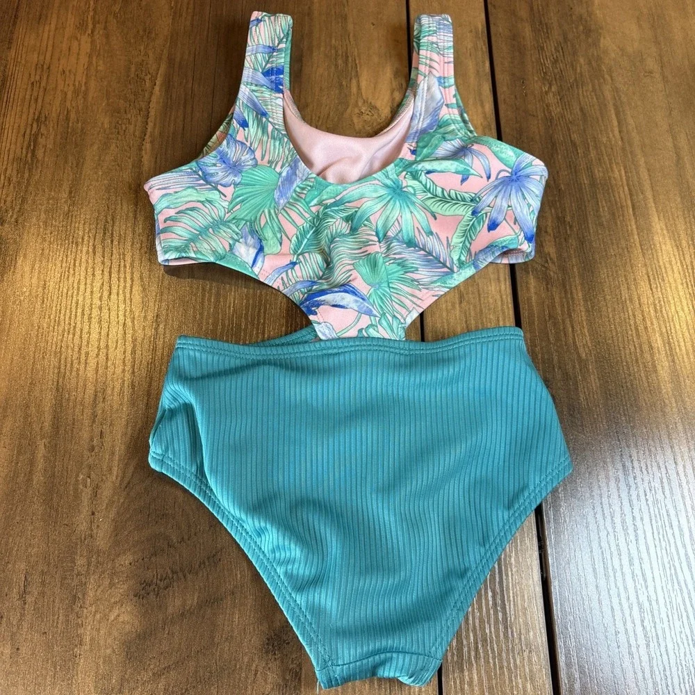 Art Class Kids XS (4/5) Teal Swimsuit Tropical Floral Ribbed Cutout One Piece
